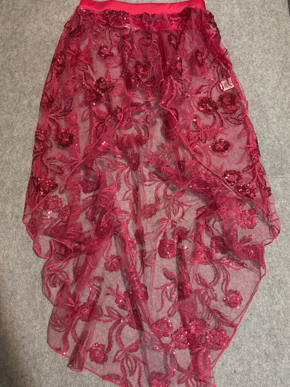 iHeartRaves Magenta Hot Pink Sequined Floral Mesh High Low Maxi Skirt